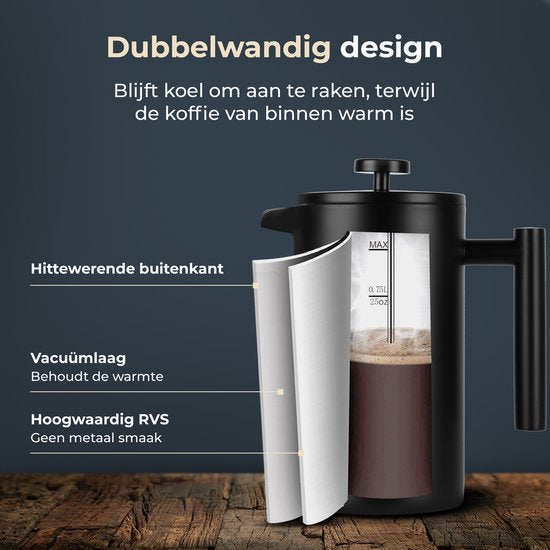 Castagnola Cafetière - Doppelwandige Kaffeemaschine - French Press - Edelstahl - 1 Liter - Schwarz