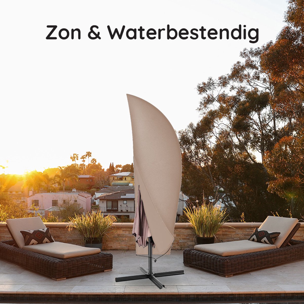 Volcan Sonnenschirmbezug für schwimmenden Sonnenschirm - Ohne Mast - Wasserdicht - Oxford 420D - Mit Reißverschluss und Kordelzug - Bis zu 400cm - Taupe
