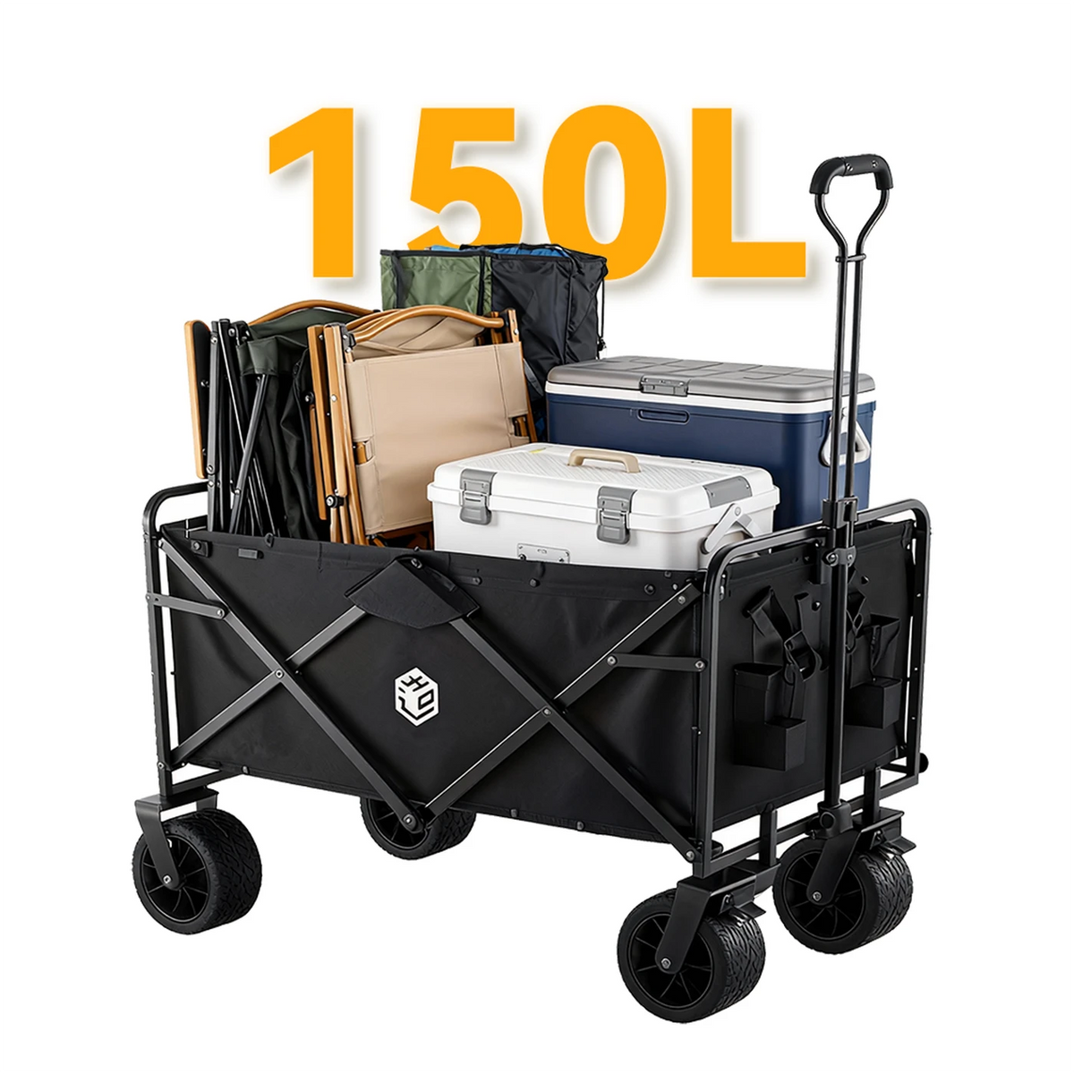 ochama Campingwagen 150 l – Zusammenklappbarer Handwagen mit Kugellagern – 260 kg Tragkraft – 300 l Stapelkapazität – Schwarz