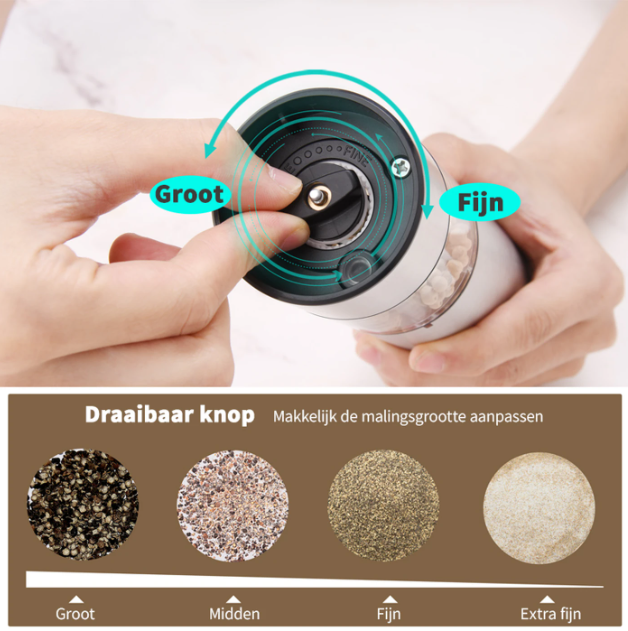 Cuisync Elektrisches Pfeffermühlen-Set – 2 Stück – Wiederaufladbar – Einstellbare Mahlstärke – Edelstahl – Silber
