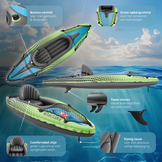 tectake - Aufblasbares Kajak - Aufblasbares Kanu für 1 Person mit Doppelpaddel und Zubehör - Sitz, Pumpe, Transporttasche - Wassersport - Ruderboot