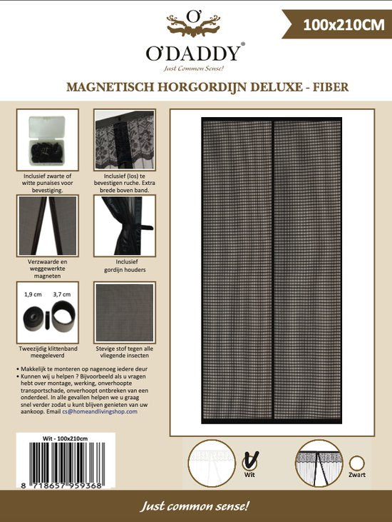 O'DADDY Türvorhang Deluxe FIBER - Magnetischer Fliegenvorhang - Für Neubauten und Standardtüren - Einfache Installation - Weißes Horn - 100x210 cm
