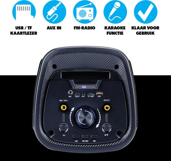 Bluetooth-Lautsprecher mit Mikrofon - Partybox mit Stimmungsbeleuchtung - Musikbox und Karaoke-Set - Party-Lautsprecher mit Bluetooth-, Aux- und USB-Eingängen - leicht zu transportieren mit Tragegriff - Schwarz