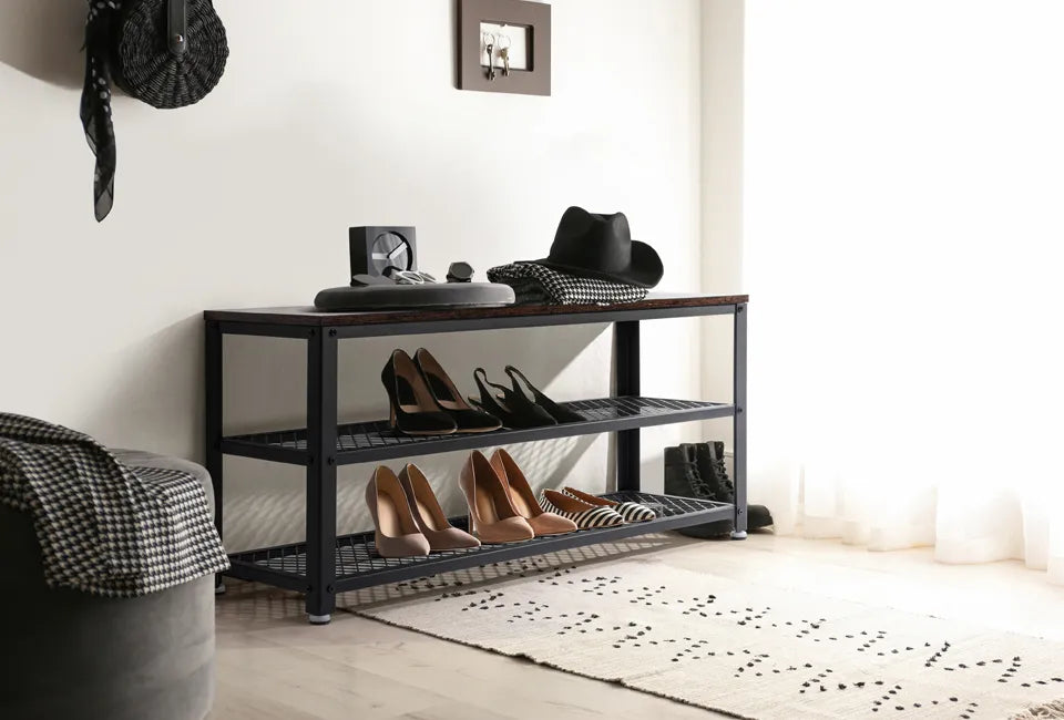 Home & Comfort Schuhregal und Bank 100x30x45 cm - Skandinavisches Design - Holz & Schwarzes Metall