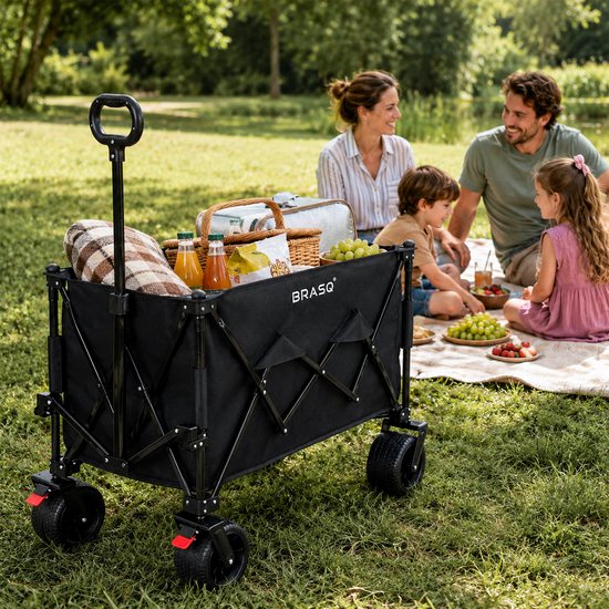 BRASQ Klappbarer Handwagen – 165 Liter – 100 kg Tragkraft – Schwenkbare Räder mit Bremse – 90 x 52 x 110 cm – Verstellbarer Griff – Zusammenklappbarer Handwagen – Schwarz