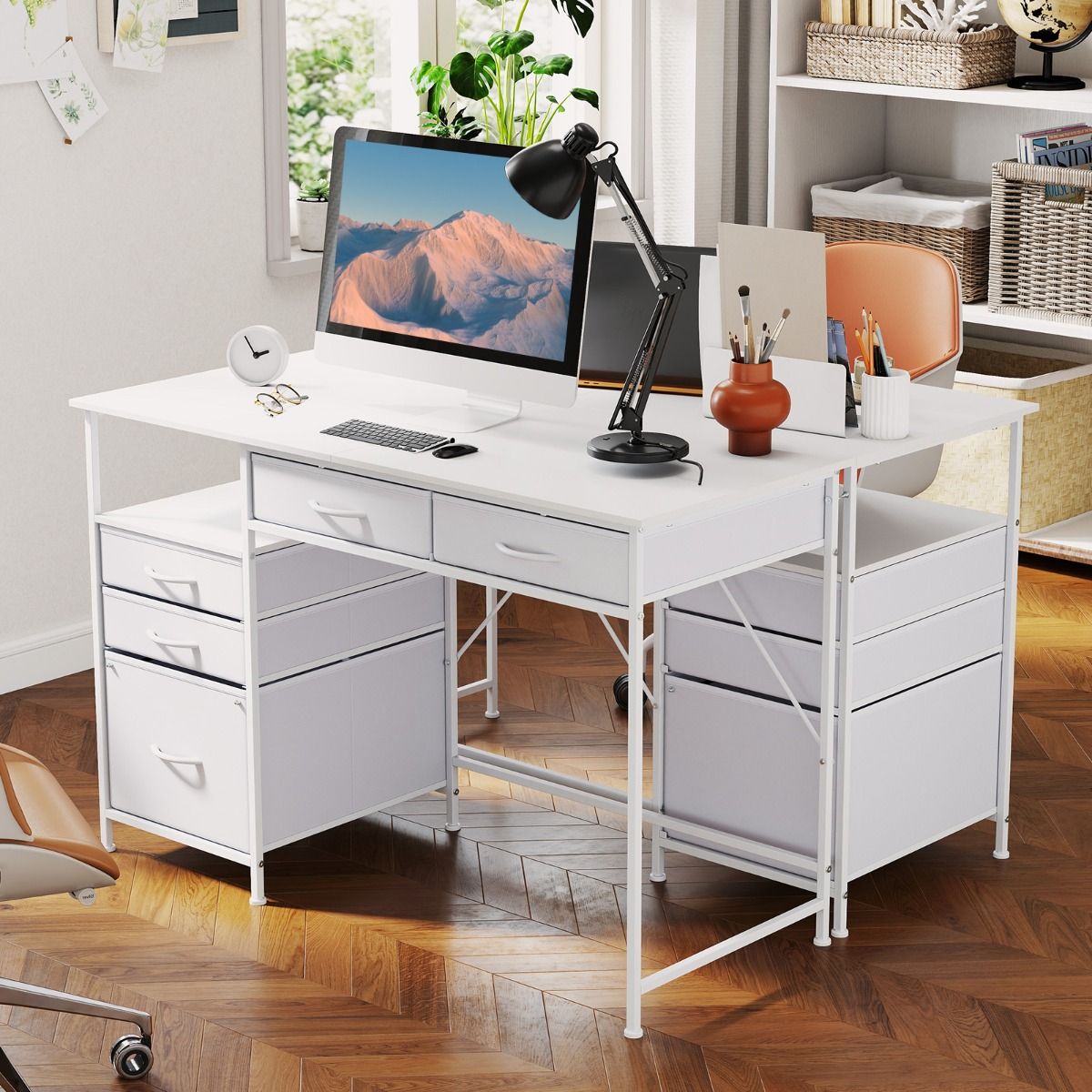 Coast Computertisch – mit Stauraum und offenem Regal – 5 Stoffschubladen – Metallgestell – 120 x 50 cm – Café & Schwarz