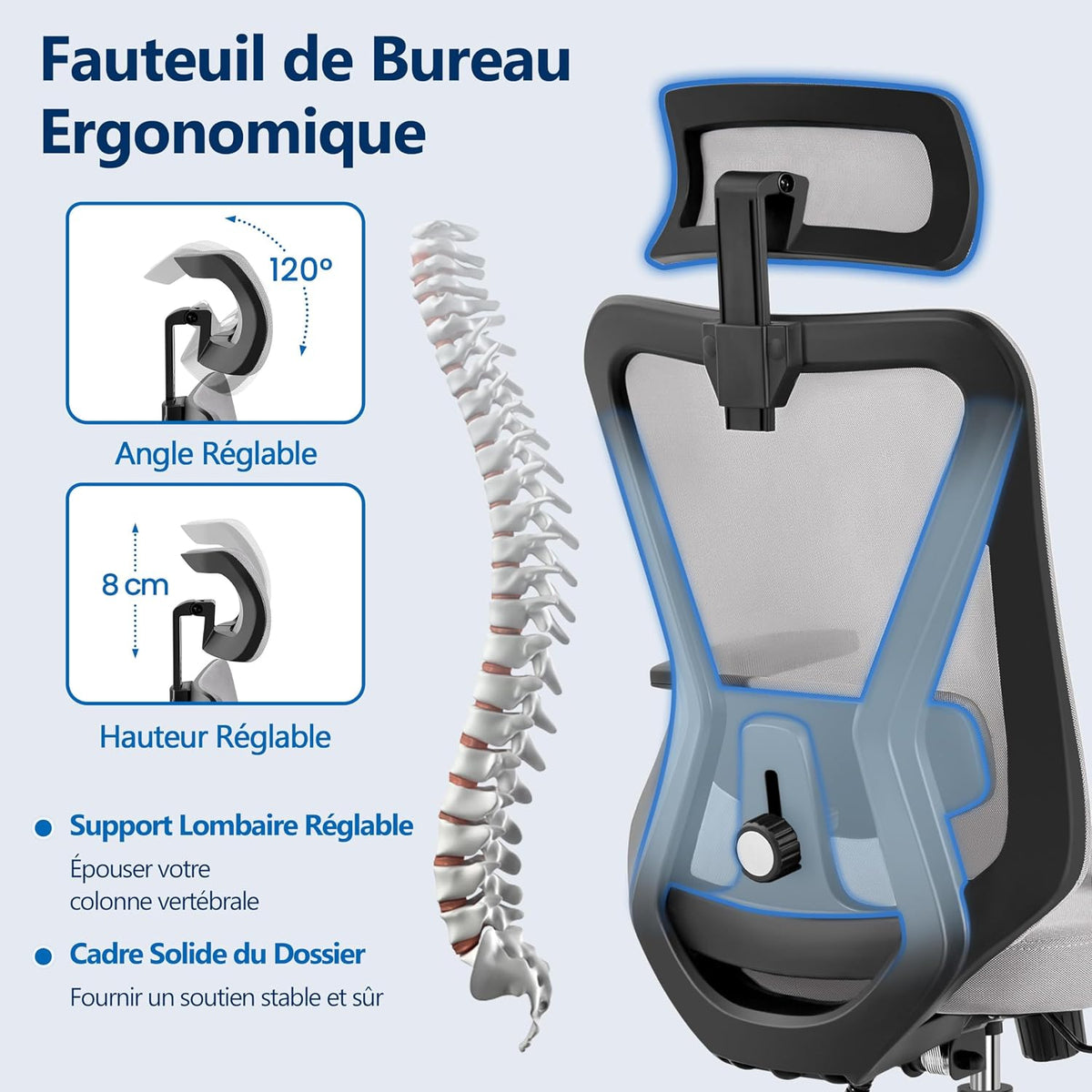 Yaheetech Ergonomischer Bürostuhl mit verstellbarer Lendenwirbelstütze und Kopfstütze 70 × 70 × 125 cm Hellgrau