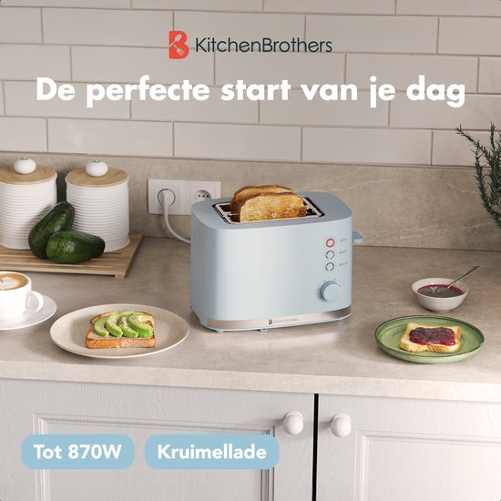 KitchenBrothers Toaster - Toaster - 6 einstellbare Wärmestufen - 2 extra breite Schlitze - 870W - Pastellblau
