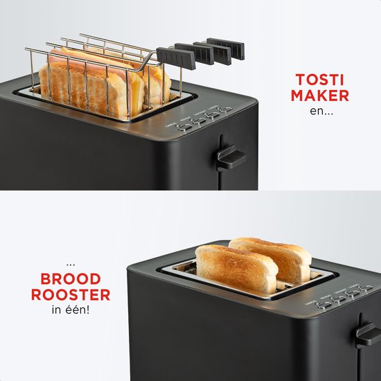 Bourgini Toasti Toaster - Toaster mit Toasti-Clips - Schwarz- Extra breiter Schlitz, geeignet für 2 getoastete Sandwiches - Einstellbare Bräunungsstufe und Auftaufunktion