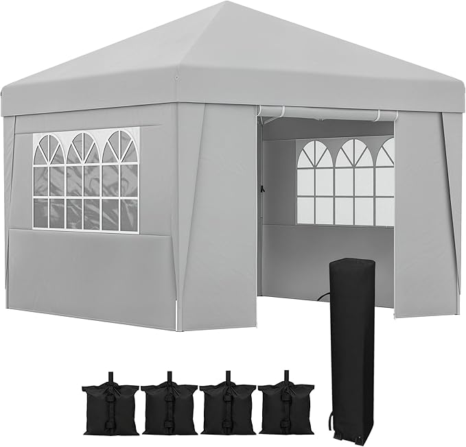 Outsunny Gartenpavillon, Pop-up, faltbar, Pavillon, Partyzelt, 3 x 3 m, UV-Schutz 30+, mit Fenstern, Seitenwänden, Transporttasche, Sandsäcken, grau