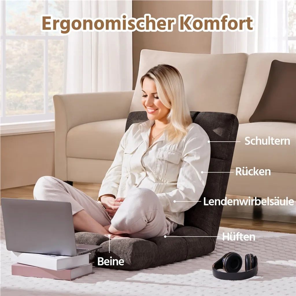Yaheetech Verstellbarer Bodensessel – Braun – Zusammenklappbarer Liegesessel mit 14 Einstellpositionen