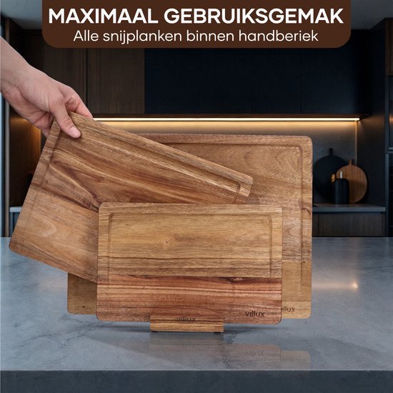 Villux Schneidebrett – Schneidebrett-Set mit Halterung – Schneidebrett aus Holz – Schneidebretter – Schneidebrett aus Akazienholz – Holz-Schneidebrett – Schneidebrett-Set – Tapas-Brett - Snackbrett – Servierbrett – Häppchenbrett – Inklusive E-Book – 3 Stü