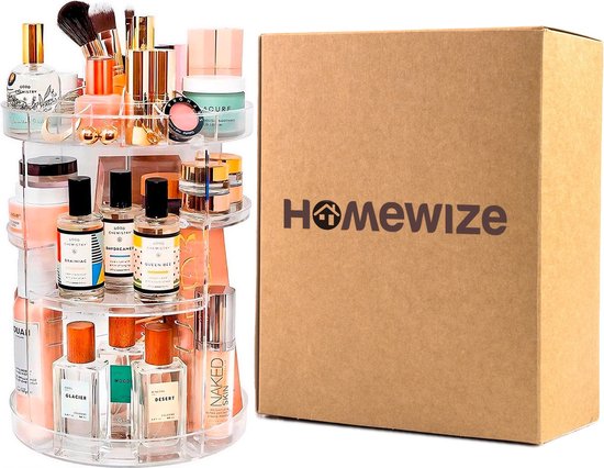 Homewize Abode - Make Up Organizer Transparent - 360 Grad drehbarer Ständer - Schmuckkästchen - Makeup & Nagellack Organizer - Acryl