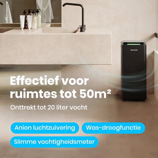 Auronic Luftentfeuchter und Luftreiniger - Pro Series - 20L pro Tag - Waschtrockenfunktion - Schlafzimmer, Badezimmer und Wohnzimmer - Feuchtigkeitsfresser für den Haushalt - Schwarz