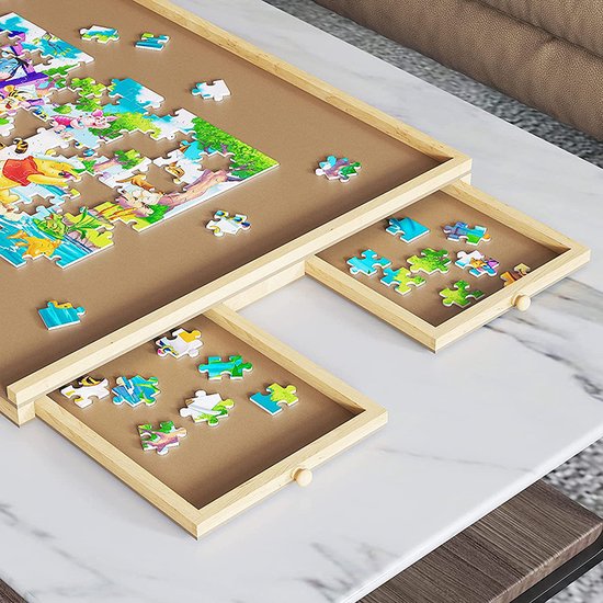Diydash Puzzlebrett & Puzzletisch - 1000 Teile - 83 x 64 cm - Mit 4 Sortierschubladen & Aufbewahrungssystem - Holz - Braun