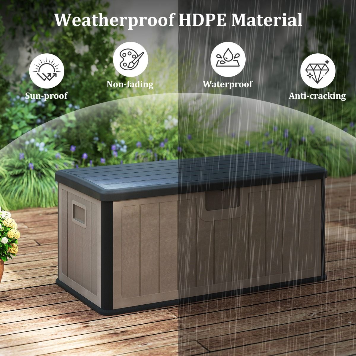 Coast Gartenbox – Kissenbox 378 Liter – Wasserdicht – Mit abschließbarem Deckel – Schwarz und Braun