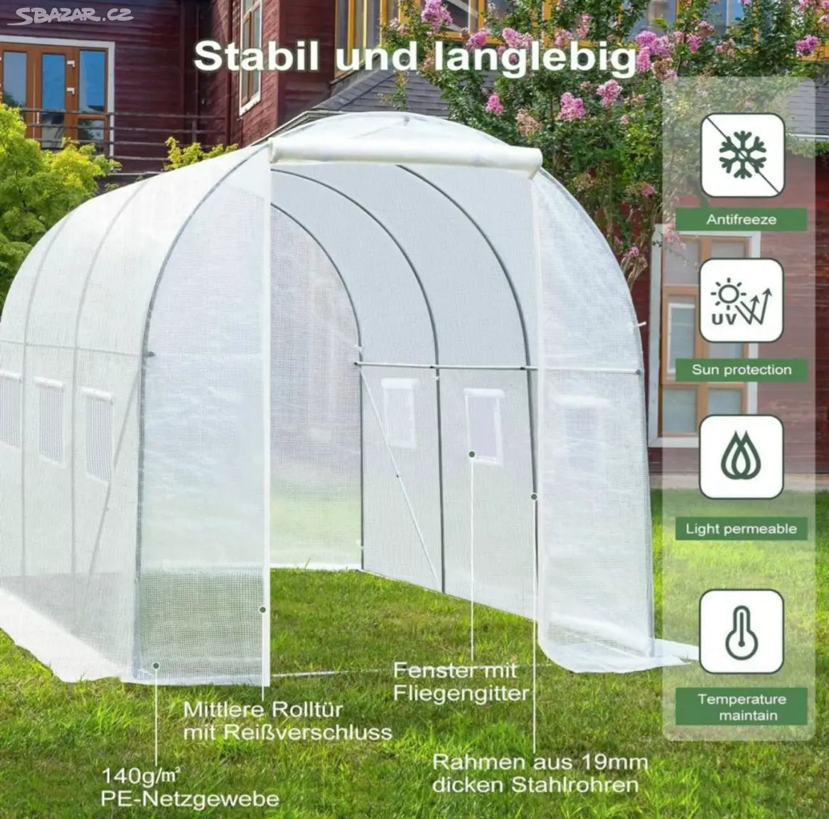 Woltu Foliengewächshaus 300x200x200 cm Weiß - Geräumiges Tunnelgewächshaus mit 6 Fenstern und Zip-Verschluss