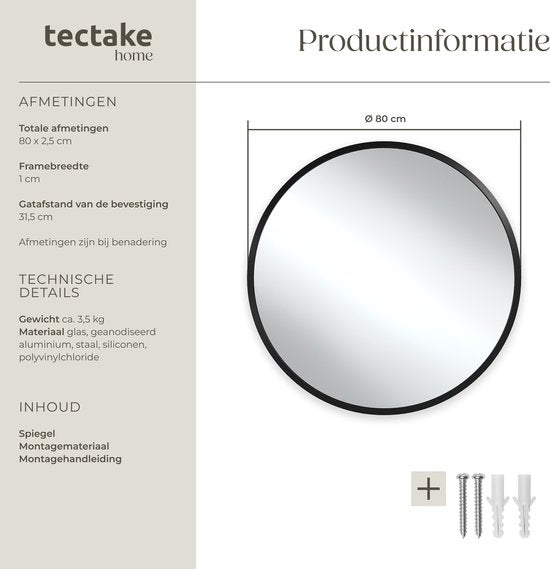tectake® - Wandspiegel rund Fiona - Badezimmerspiegel - Spiegel rund mit stabilem Aluminiumrahmen - Spiegel für Bad, Wohn- oder Schlafzimmer - Durchmesser 80 cm