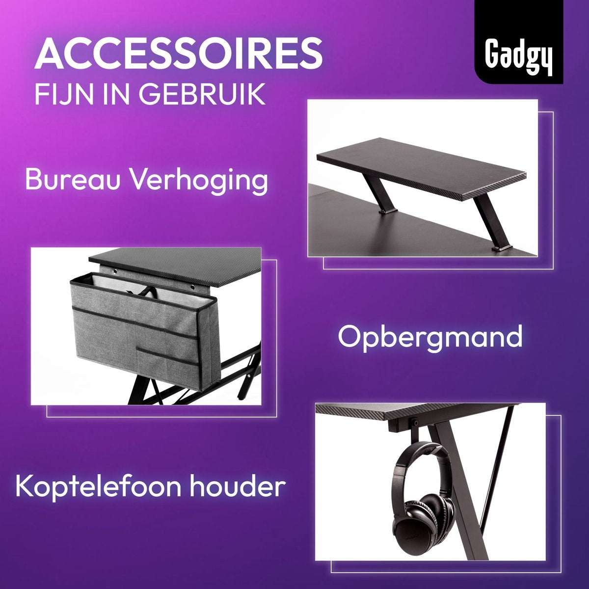 Gadgy Game Desk Carbon PRO - Gaming-Eckschreibtisch 130 CM breit - Gaming-Schreibtisch mit Carbon-Details - Gaming-Schreibtisch L-Form mit Kopfhörerhalter, Bildschirmerhöhung & Ablagekorb - Level Up with Gadgy - Black Carbon