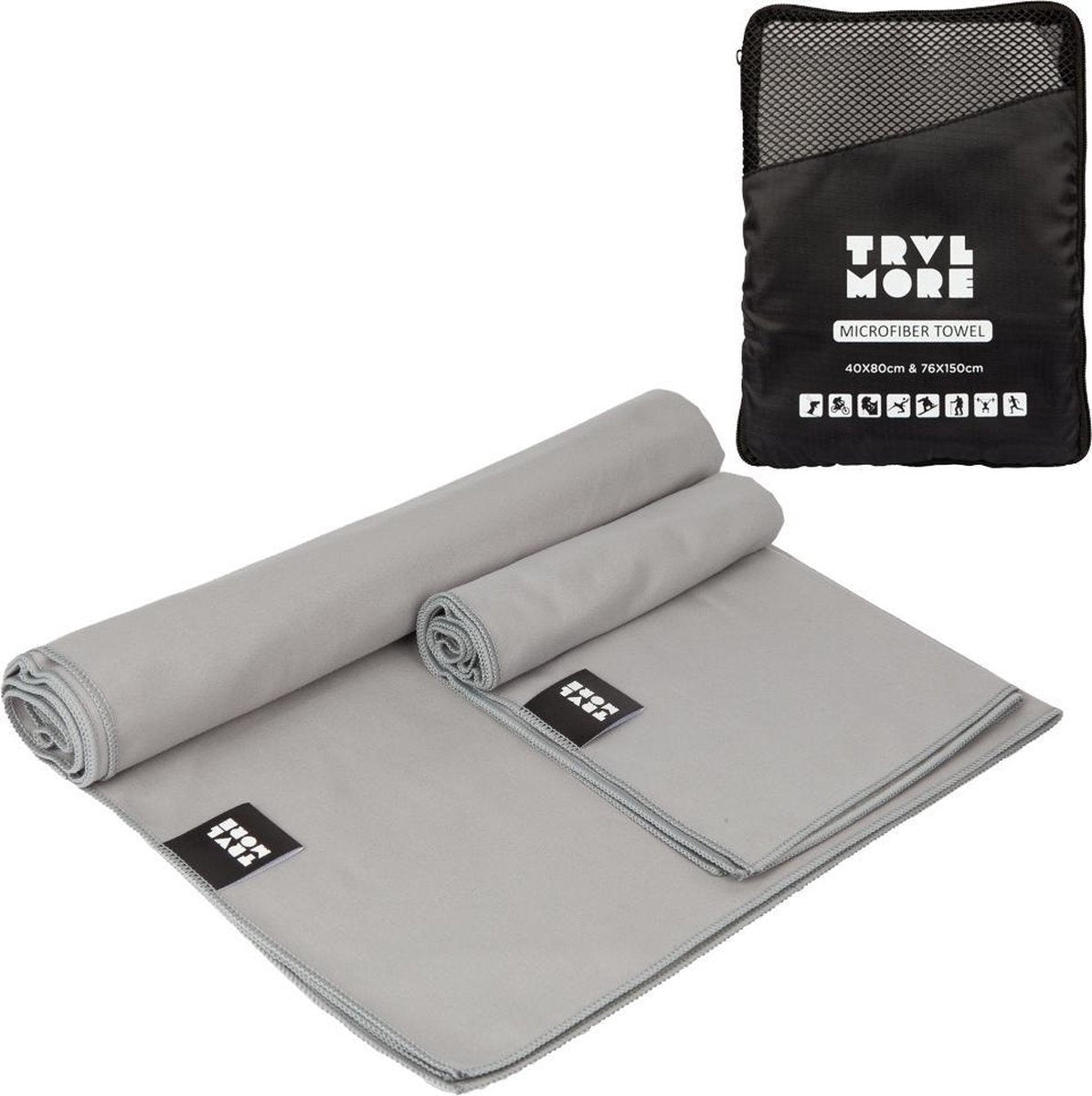 TRVLMORE Mikrofaser-Reisehandtuch-Set - 2 Stück - Klein (40 x 80 cm) & Groß (76 x 150 cm) - Mikrofaser - Grau