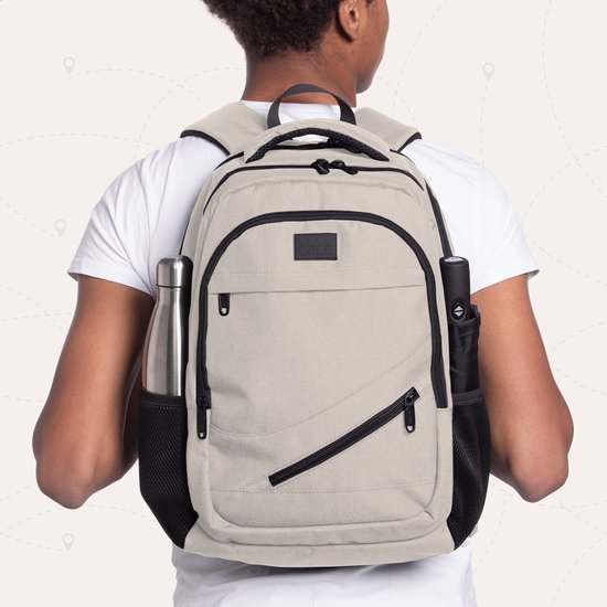 TRVLMORE Rucksack mit Lifetime - Rucksack mit 15.6 Zoll Laptopfach - Schultasche - Spritzwassergeschützt - Männer und Frauen - Jungen und Mädchen - 28L - Champagner
