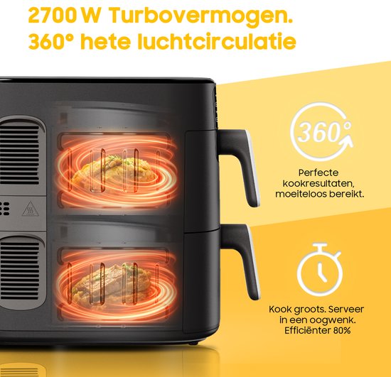 Heißluftfritteuse mit zwei Ebenen – 2700 W, kraftvolles fettfreies Frittieren – 10 l Heißluftfritteuse mit zwei Einschüben und vertikaler Bauweise spart 50 % Platz – 6 Programme – Großes Fassungsvermögen für den Heimgebrauch – Inklusive Rezeptbuch