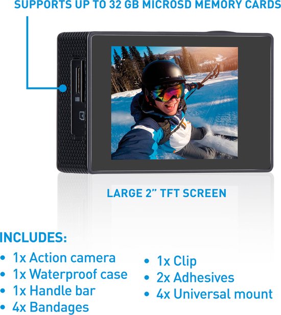 Grundig Action Camera HD720P - Unterwasserkamera - Wasserdicht bis zu 30M - 2" LCD Bildschirm - Inkl. diversem Zubehör - Bewegungserkennung - Schwarz