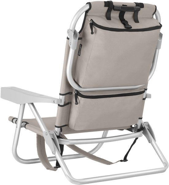 tectake® Beach Chair Coral - faltbarer Campingstuhl mit Kühltasche und Aufbewahrungstasche - 5-fach verstellbare Rückenlehne mit Kopfkissen - breite Armlehnen mit Becherhalter / Telefonhalter - faltbarer Campingstuhl - Beige