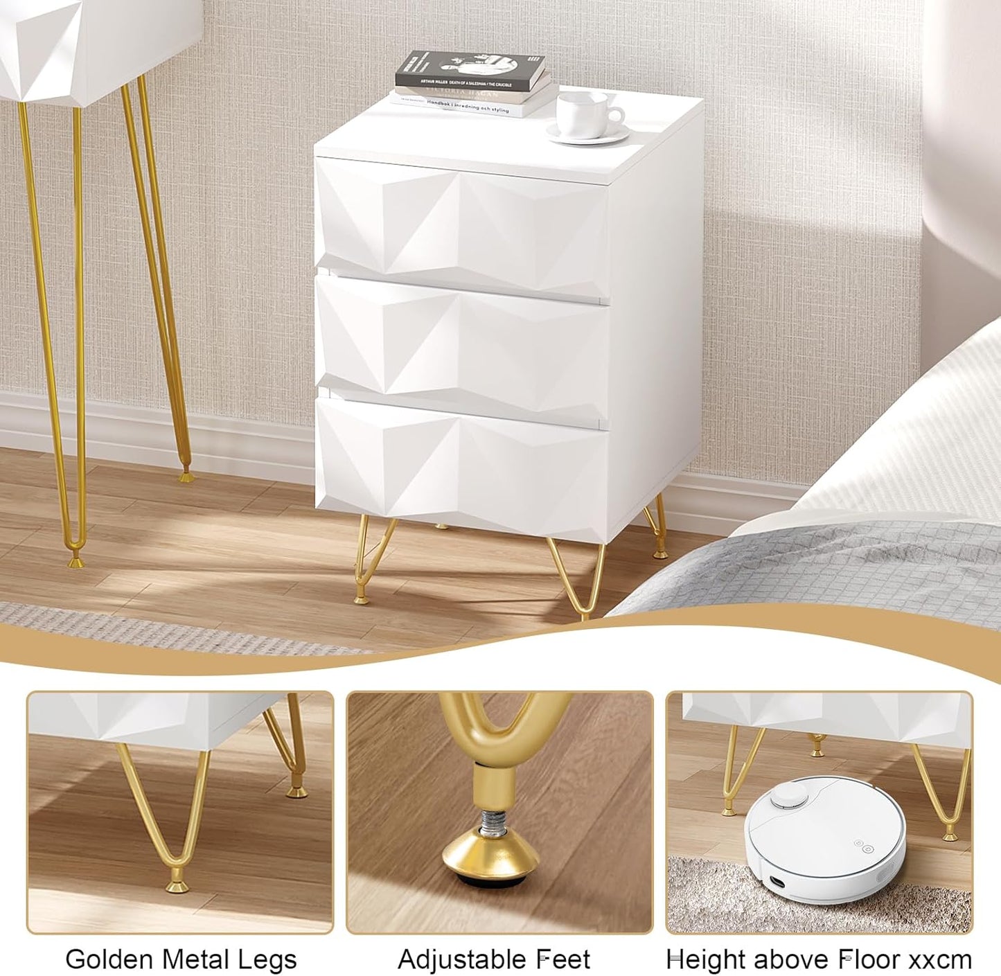 Eugad Nachttisch mit 3 Schubladen - 40x40x62,5 cm - Weiß mit Gold - Modernes 3D Design