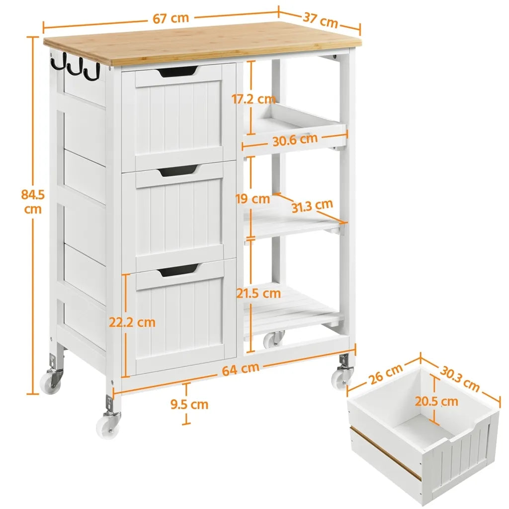 Yaheetech Küchenwagen auf Rädern – Weiß/Bambus – 67 x 37 x 84,5 cm – Mit 3 Schubladen und 3 Einlegeböden