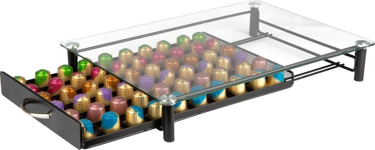 KitchenBrothers Kapselhalter - mit Schublade - Nespresso - 60 Kapseln - Glas - Edelstahl/Schwarz