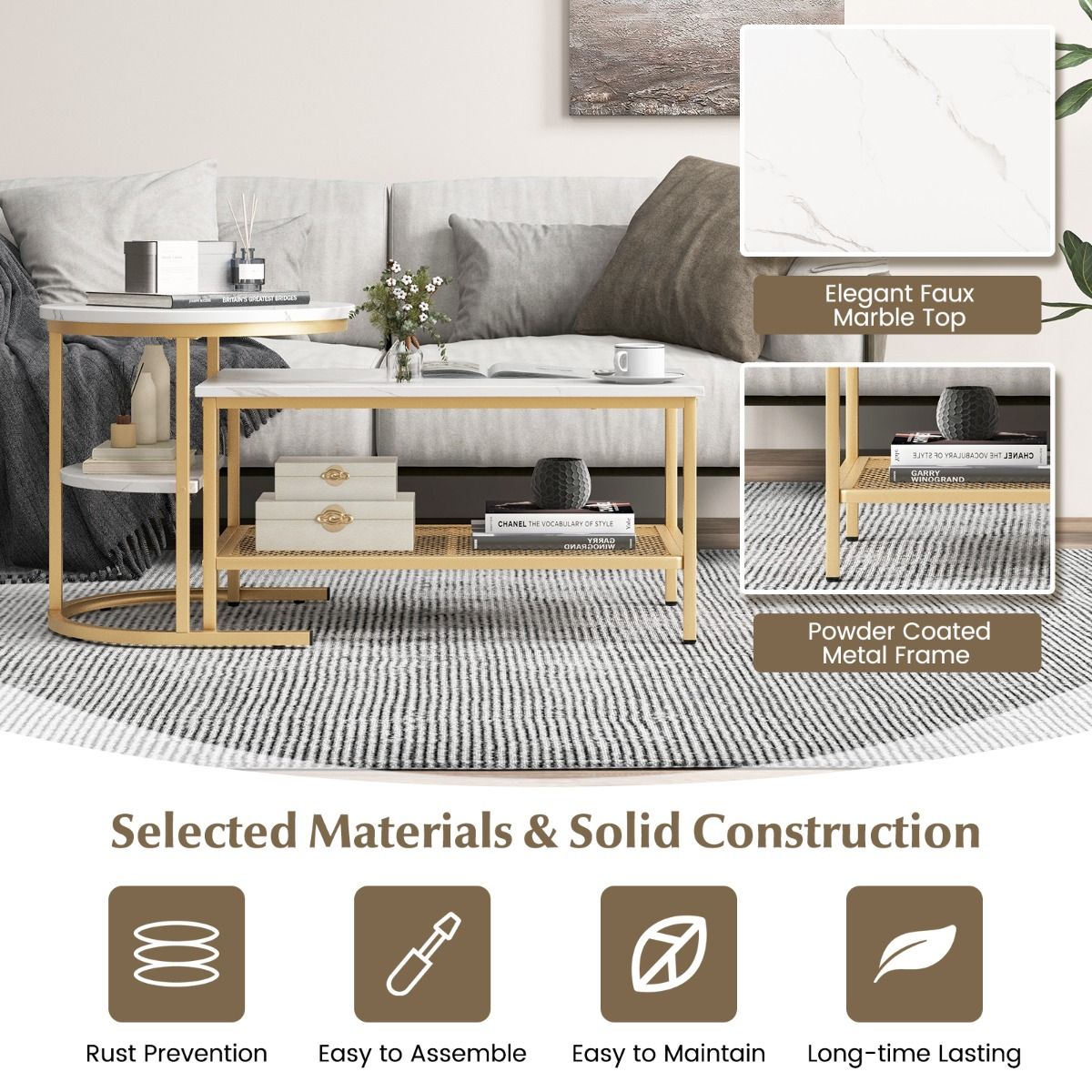 Coast Set aus 2 Beistelltischen – Tischplatte in Marmoroptik – Goldfarbenes Metallgestell – Rund und rechteckig