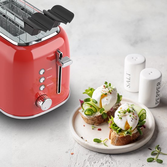KitchenBrothers Toaster mit Toasty Clamps - Toaster - 6 Wärmestufen - Breite Schlitze - Toaster - 870W - Rot