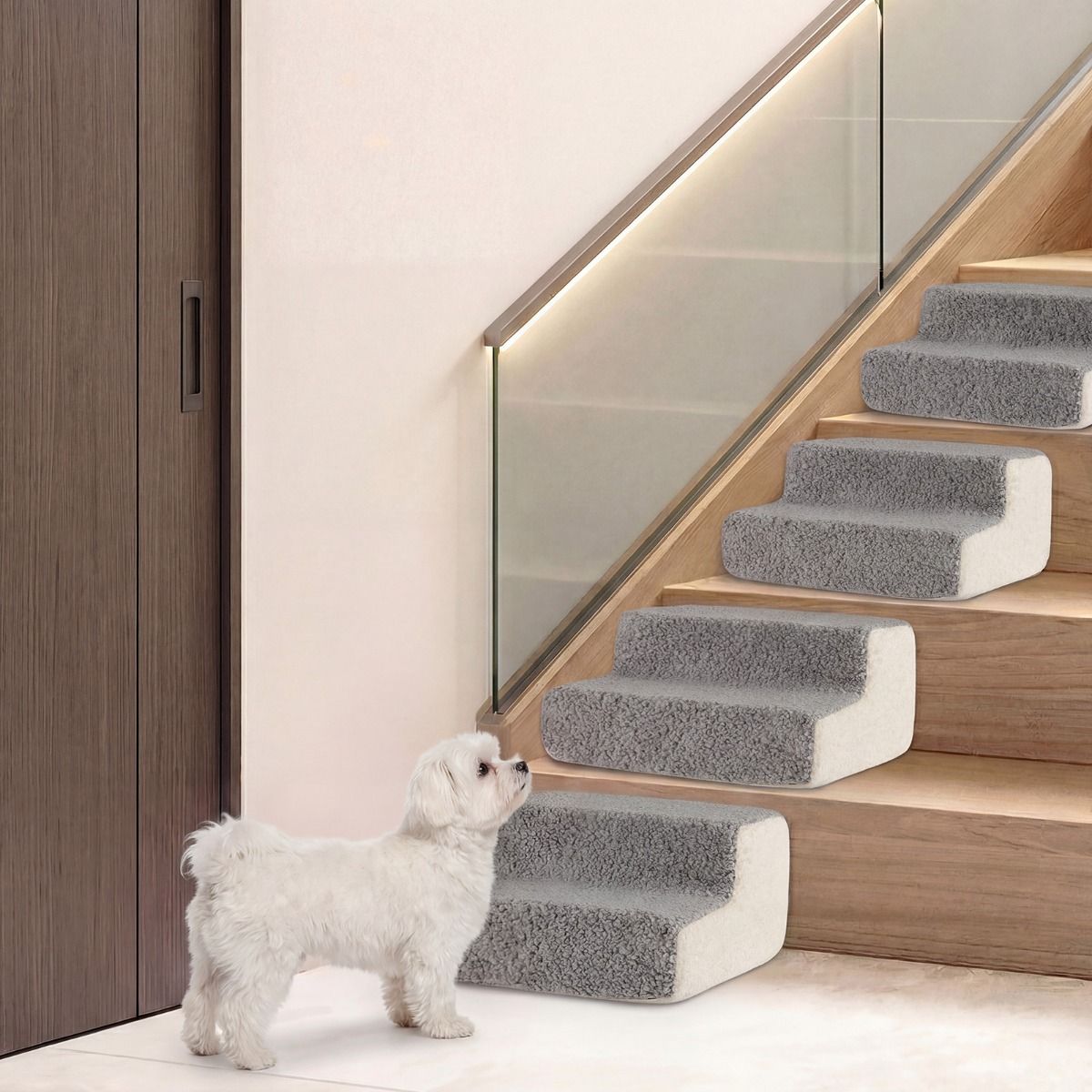 Coast Hundetreppe mit 2 Stufen – flexible Haustiertreppe – rutschfest und mit abnehmbarem Bezug – grau und weiß