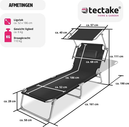 Tectake - Sonnenliege - Stahlgestell mit Schiebedach - robust, 4-fach verstellbare Rückenlehne inklusive Kissen - Ideal für Garten, Pool, Camping - Schwarz