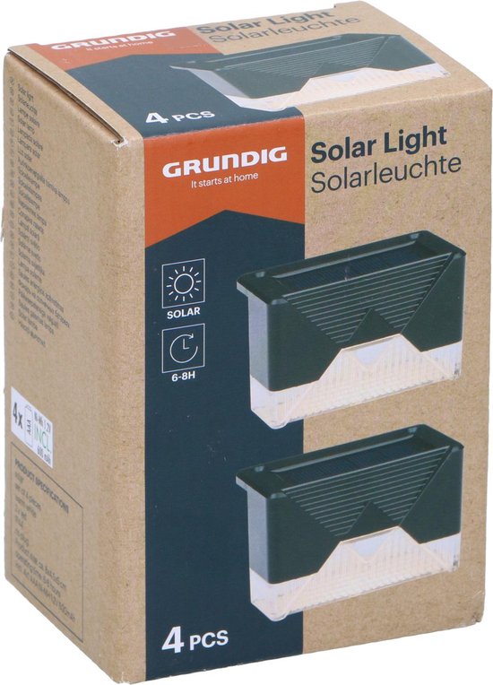 Grundig Solar Gartenleuchten 4 Stück - Solarleuchte für Terrassen- und Zaunbeleuchtung - Warmweißes Stimmungslicht - Gartenbeleuchtung inkl. Montagematerial - 6-8 Stunden Batterielebensdauer - Schwarz