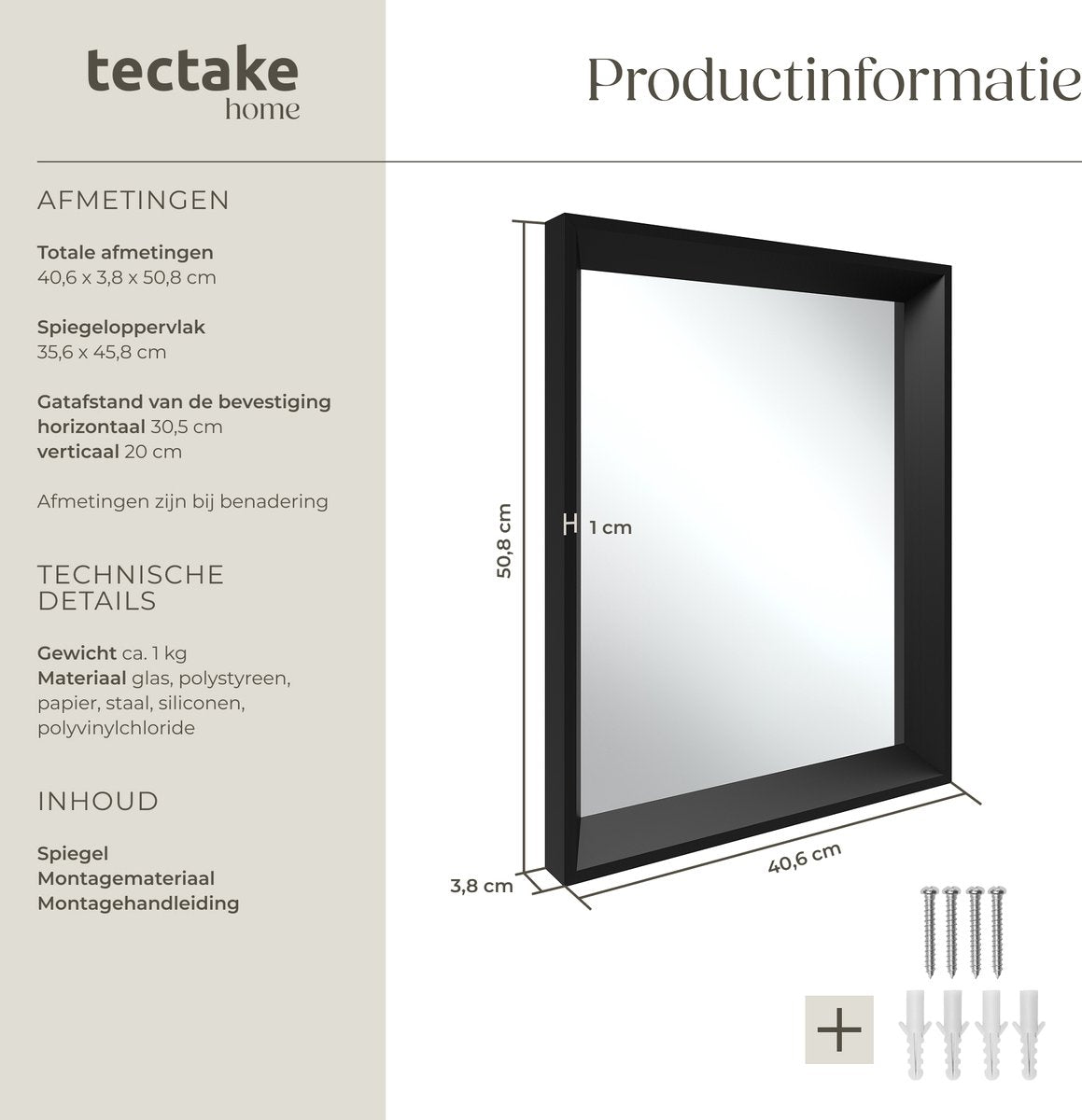 tectake® Wandspiegel Elina - 40,6 x 50,8 cm - Schwarz - Rechteckiger Kunststoffrahmen