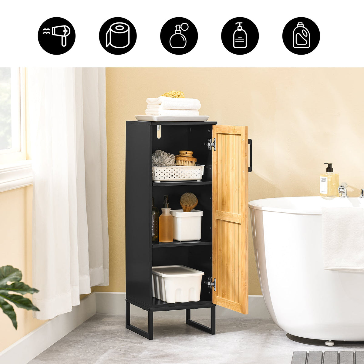 sobuy Schmaler Badezimmerschrank - 30x30x90 cm - Bambus & Schwarz - kompakter Badezimmerschrank mit Tür und verstellbaren Einlegeböden