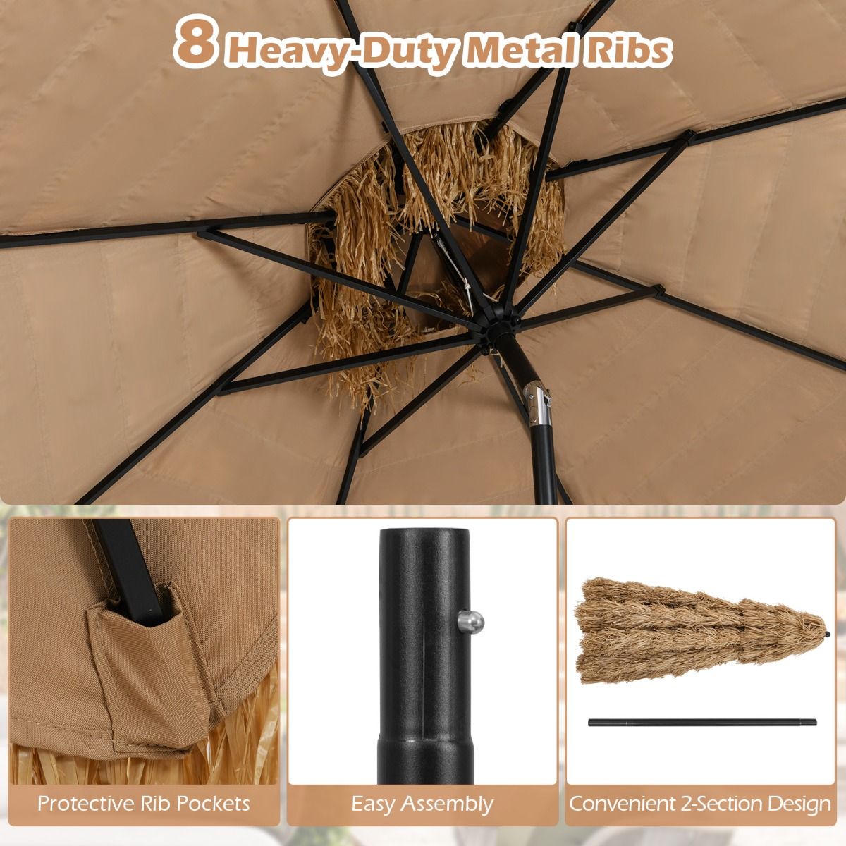 Coast 299 cm Wicker Tiki Parasol Hawaii Double Deck Market Parasol - Natur/Schwarz, Ø 299 cm x 270 cm hoch