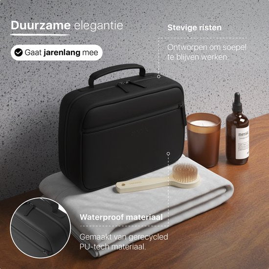 ONYX Kulturtasche Schwarz - Schminktasche - Kosmetiktasche - Intelligentes Layout - Beautycase & Schminkspiegel - Kosmetiktasche zum Aufhängen mit Haken - Damen und Herren - Größe: M
