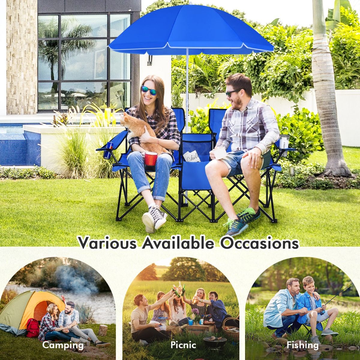 Coast Doppel Campingstuhl - Mit Sonnenschirm - Faltbar - Mit Getränkehalter und Kühltasche - Blau