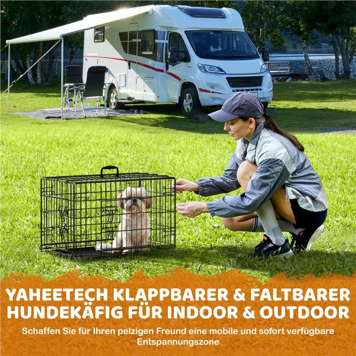 Yaheetech Faltbare Hundebank - 76 x 45 x 51 cm - Mit Trennwand und abnehmbarer Bodenplatte und Doppeltür - Für kleine Hunde - Schwarzes Metall und Kunststoff