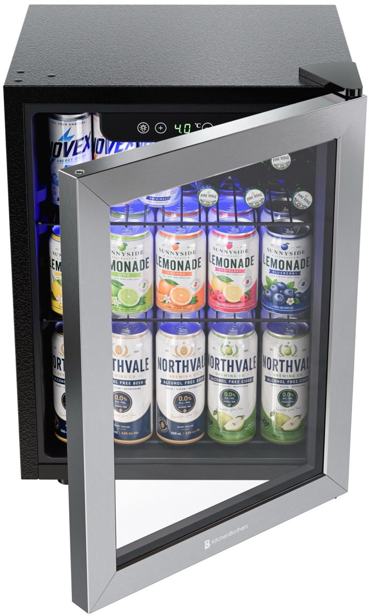 KitchenBrothers Getränkekühlschrank 48 l – Minikühlschrank mit Glastür – Minibar – Platz für 68 Dosen – Schwarz