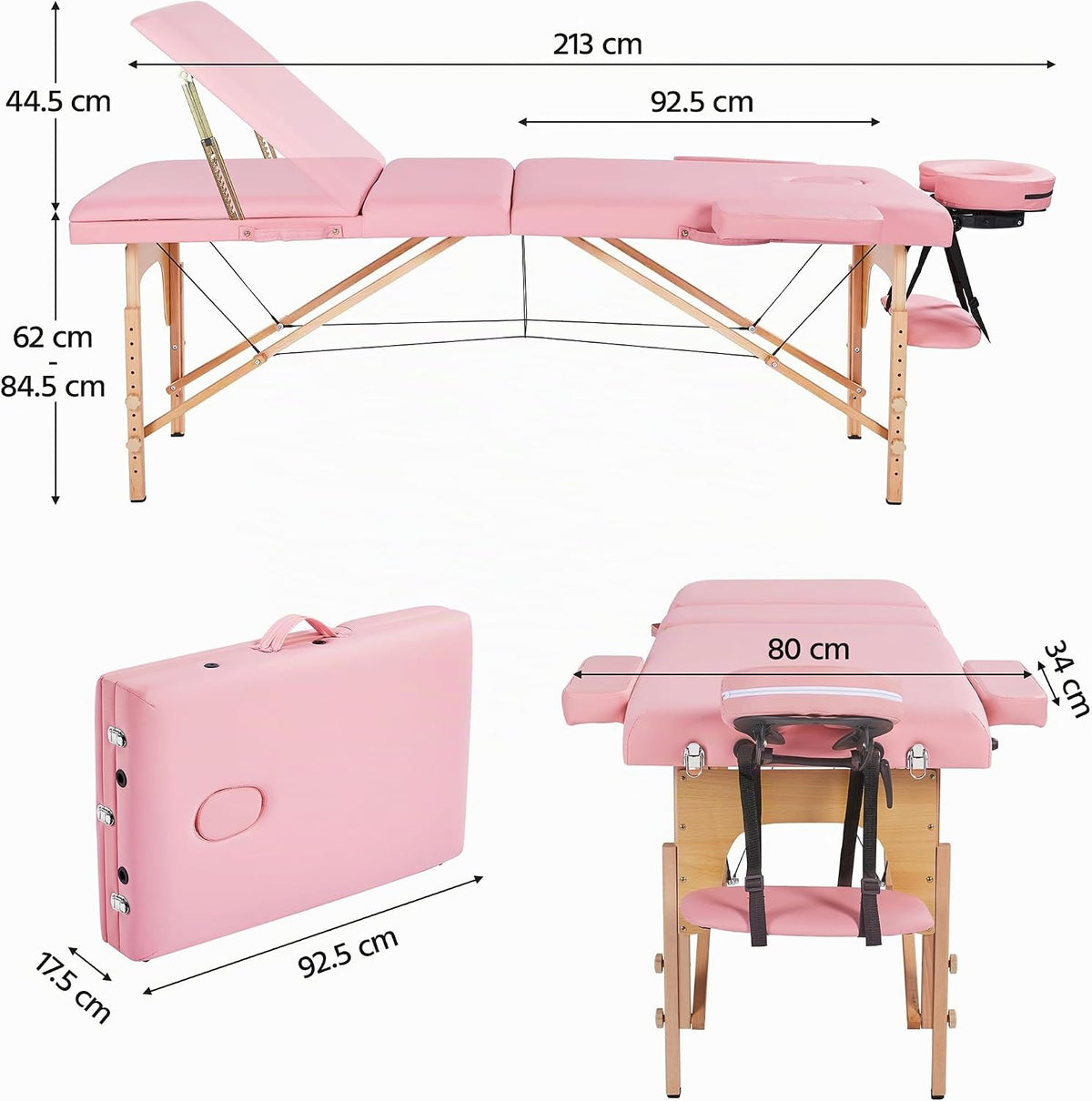 Yaheetech Massagetisch mit 3 Zonen – zusammenklappbar – 213 × 80 cm – Hellrosa