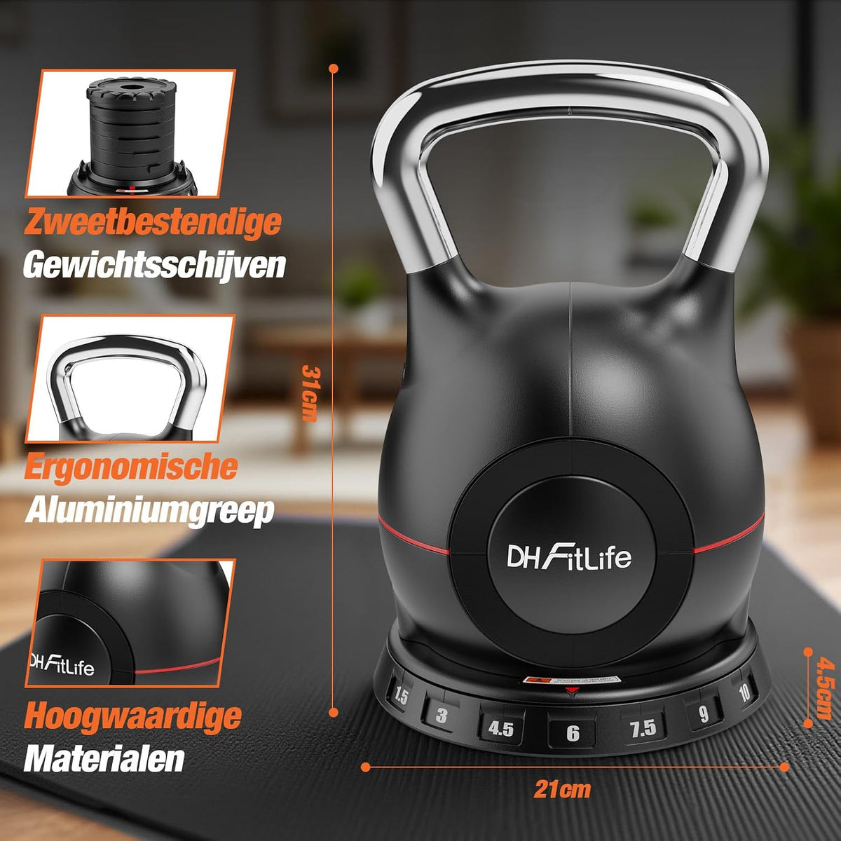 DH FitLife Verstellbare 7-in-1-Kettlebell – 1,5 bis 10 kg – 7 Gewichtsstufen – 20 x 20 x 30 cm – Schwarz