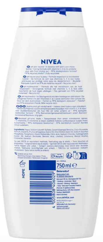 NIVEA Creme Soft Duschcreme 750 ml - Feuchtigkeitsspendend, Mandelöl, für zarte Haut, Transparentflasche