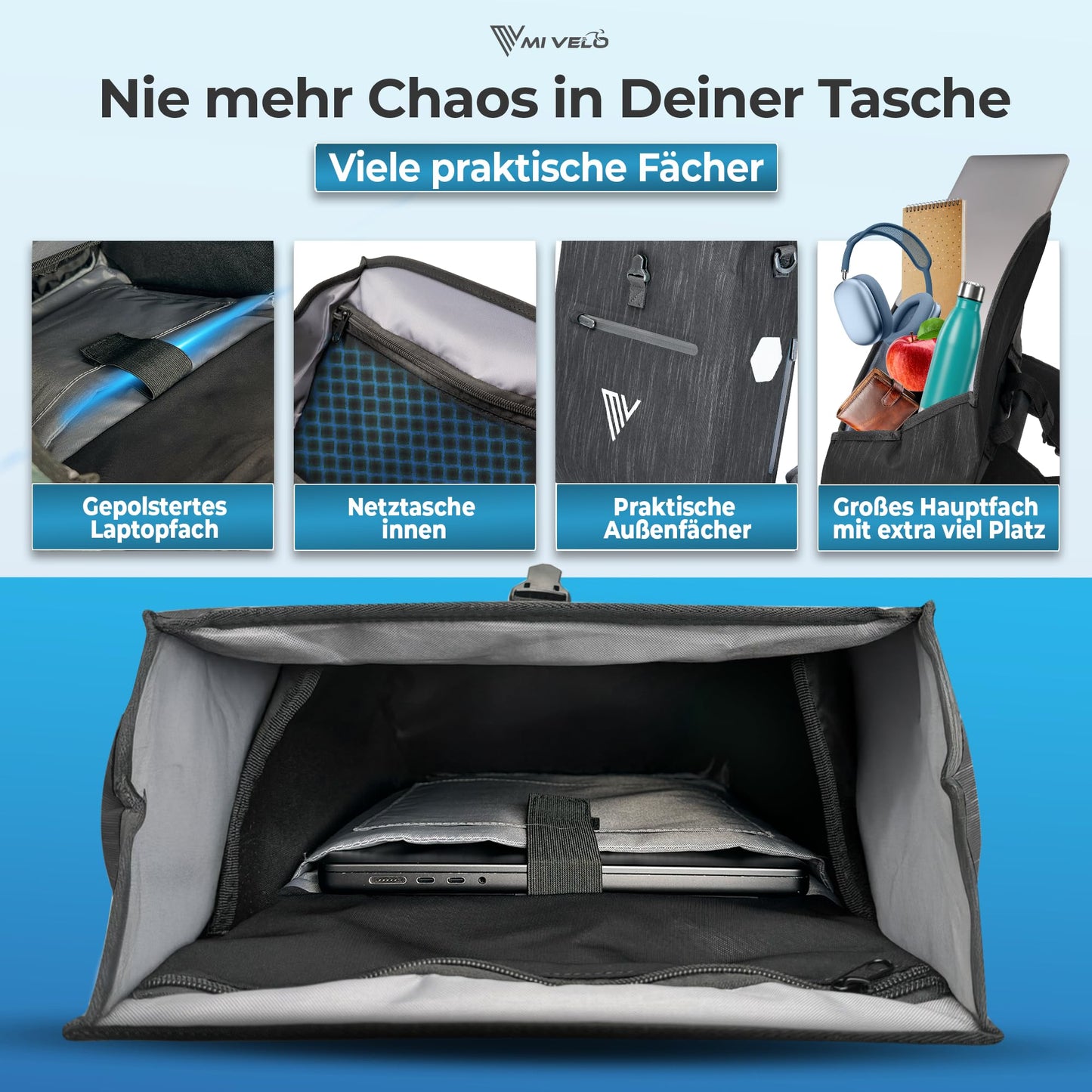 MIVELO - 3-in-1-Fahrradtasche – Wasserdicht – Gefüttertes Laptopfach – Reflektoren - 20 Liter - Graphitfarben