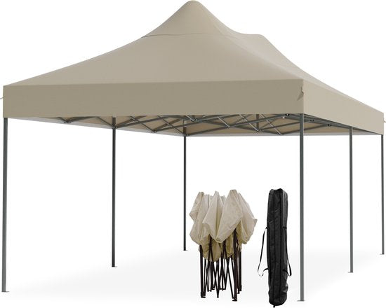 LifeGoods Partyzelt - faltbar - 3x6 m - einfacher Aufbau - Pavillon - wasserdicht - Tragetasche mit Rädern - Beige