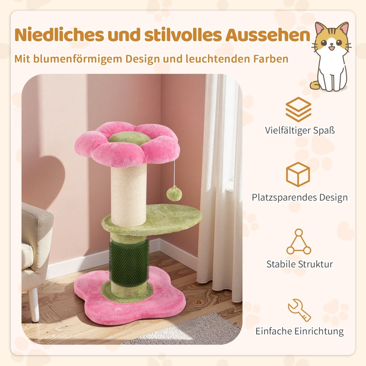 Coast Kratzbaum für Katzen – 3 Etagen – mit Plüsch-Liegefläche und Blumenplattformen – rosa – 69 cm