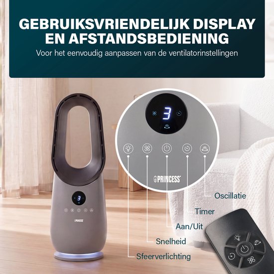 Princess blattloser Turmventilator – 60 W – Leistungsstarker und leiser blattloser Ventilator mit Fernbedienung, Timer und LED-Anzeige – 75°-Oszillation – 3 Geschwindigkeitsstufen – 351582
